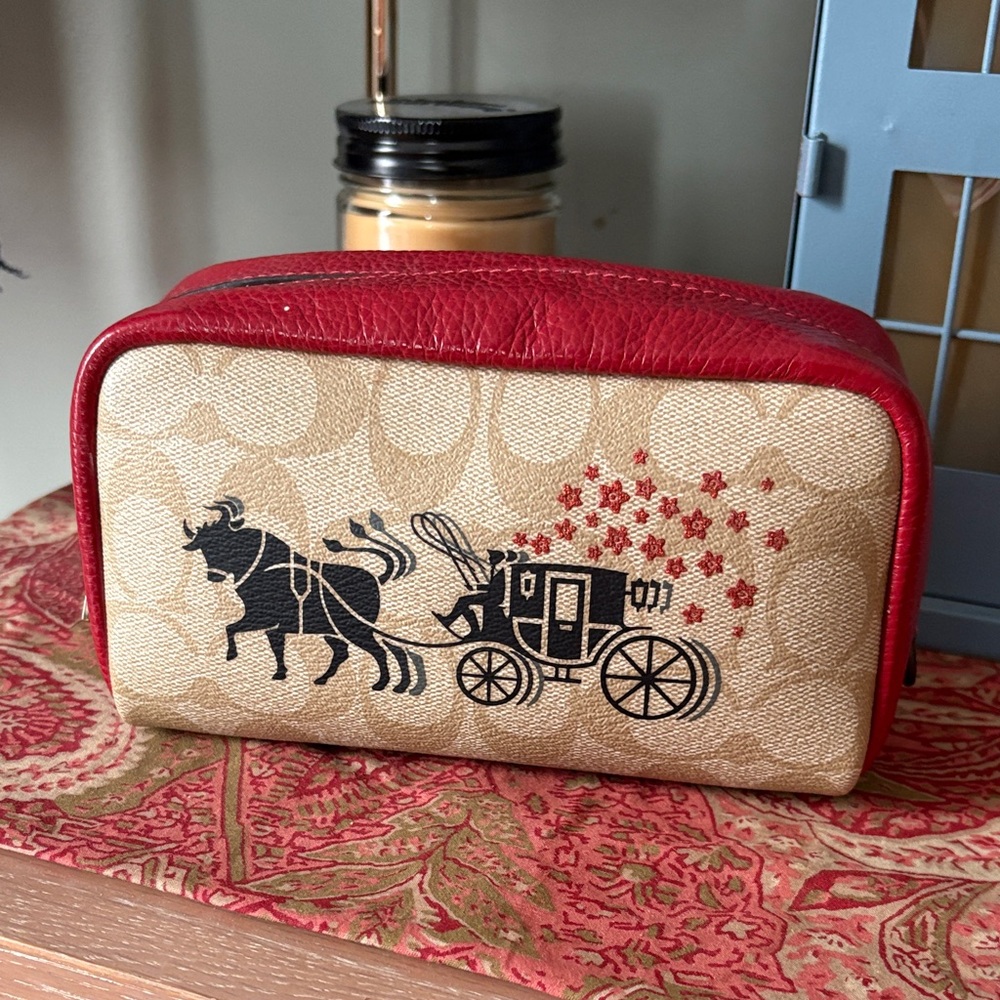 Coach Red Trim Signature Canvas Cosmetic Pouch
